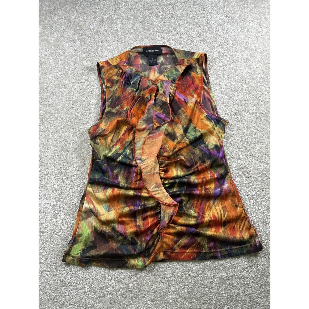 Focus 2000 Blouse Womens‎ Medium Multicolor Abstract Sleeveless Ruffle Neck Top